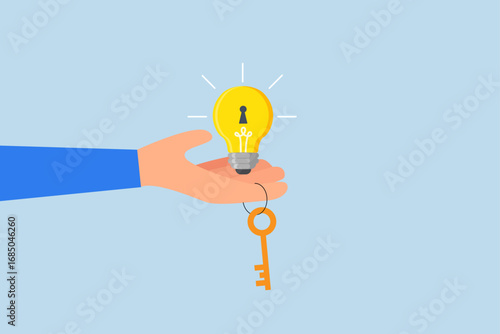 Key to success, Businessman is handing a bright lightbulb idea with a keyhole and a golden key to unlock it