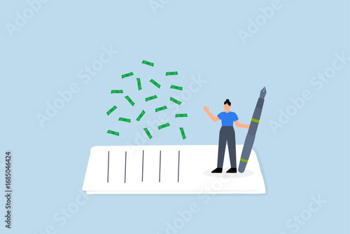 successful female blogger or writer who works as a freelancer is catching money banknotes as they fall from the sky