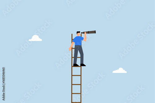 Success ladder for business opportunity, businessman ascended the ladder to gaze through the telescope with visionary eyes
