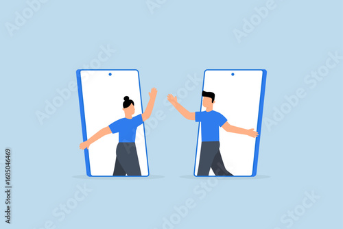Virtual hi five for success collaboration, Online video call idea, joyful male and female executives give a high-five through their mobile devices