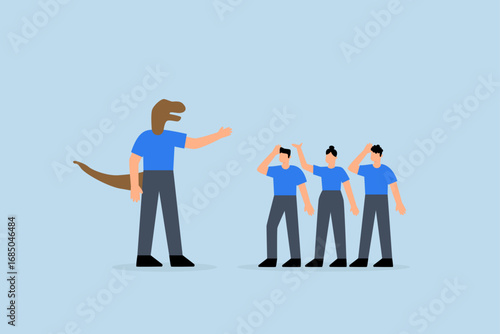 Corporate dinosaur, humorous raptor dinosaur executive having a discussion with coworkers in the workplace