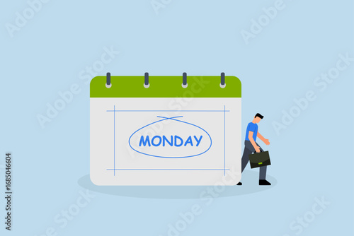 Monday blues, weary and drowsy businessman heading to the office with a calendar indicating Monday