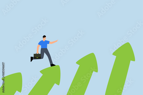 Business growth and career path, assured entrepreneur strides or ascends growth arrow staircase