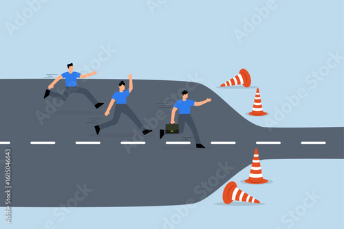 Bottleneck make business run slow, Business individuals sprint along broad path to arrive at tight, sluggish bottleneck