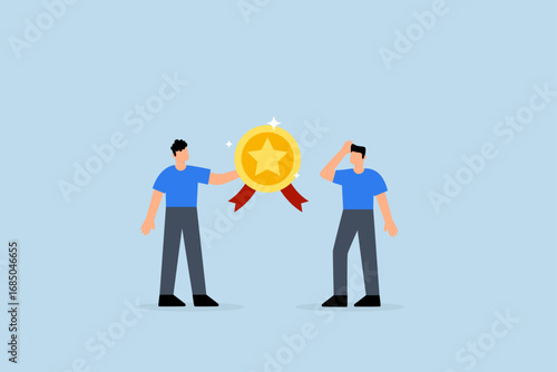 Employee award recognition, entrepreneur manager awarding gold star insignia to successful worker