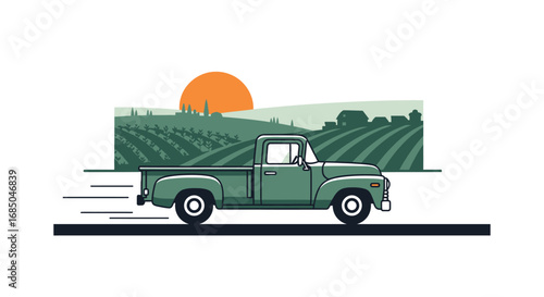 Classic green pickup truck driving on a country road through a rural farm landscape with rolling hills and a sun