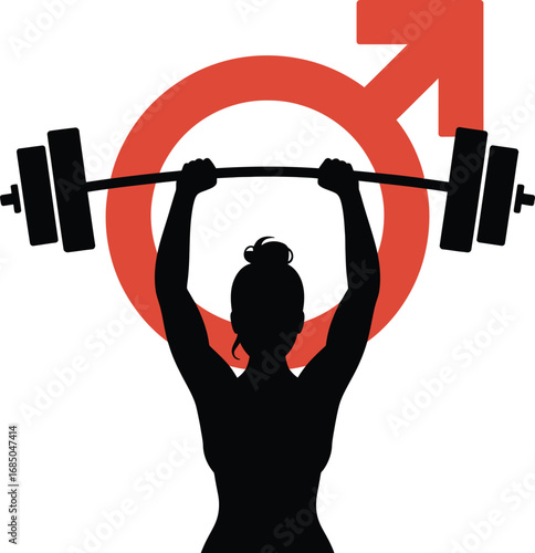 Woman lifting weights with male symbol representing strength and gender equality