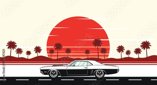 Vintage Muscle Car Cruises Down Highway Towards a Dramatic Sunset with Palm Trees