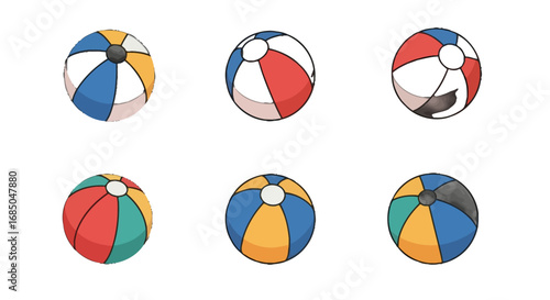 Colorful beach balls vector icon set with six playful designs