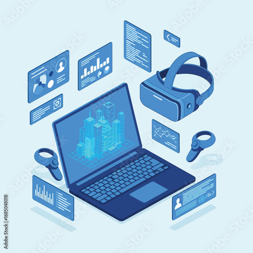 Isometric concept of virtual reality for urban architecture simulation and data analysis on a laptop