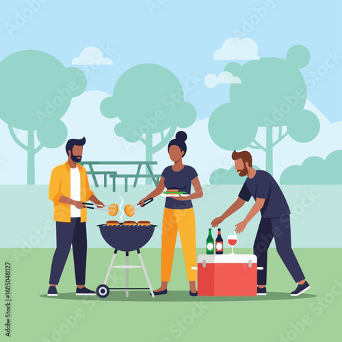Joyful Friends Gather for a Festive Outdoor Barbecue Party in a Scenic Park Setting