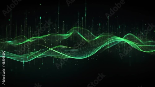 An abstract and futuristic digital sound wave visualization. Neon green waves, composed of many thin wavy lines, move across a pitch-black background.