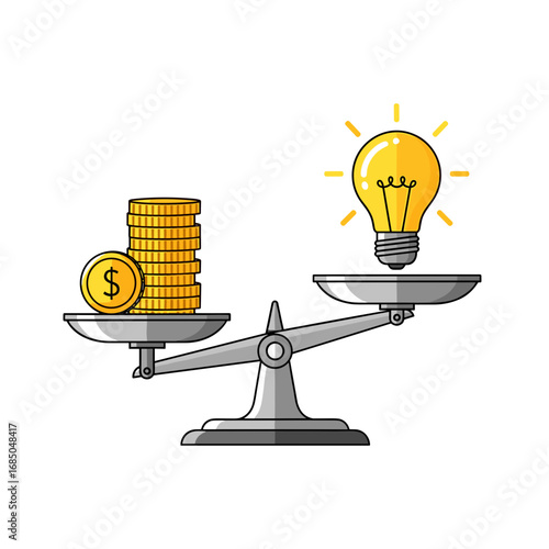 Scale balancing coins and light bulb representing value of ideas on isolated background