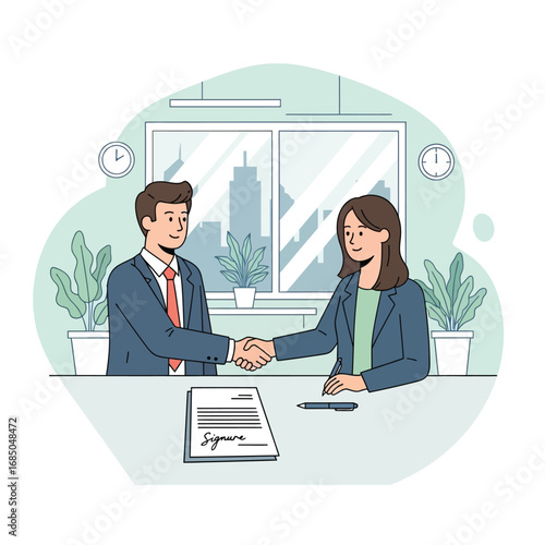 Business partners shaking hands after signing a successful contract, sealing a corporate deal in the office
