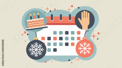 Flat vector calendar with event icons for birthday, meeting, and holiday – Perfect for event planning tools, lifestyle blogs, or scheduling apps