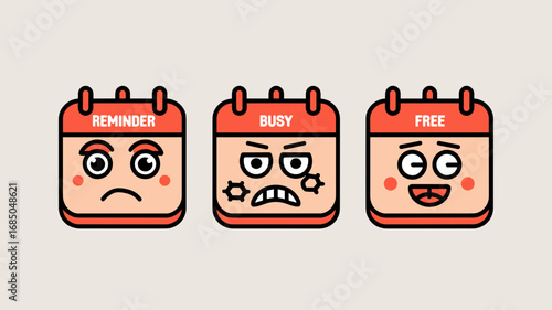 Cartoon vector calendar with expressive reminder, busy, and free icons – Great for apps, playful planning visuals, or productivity content