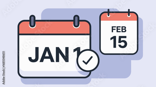 Flat calendar icons with selected dates Jan 1 and Feb 15
