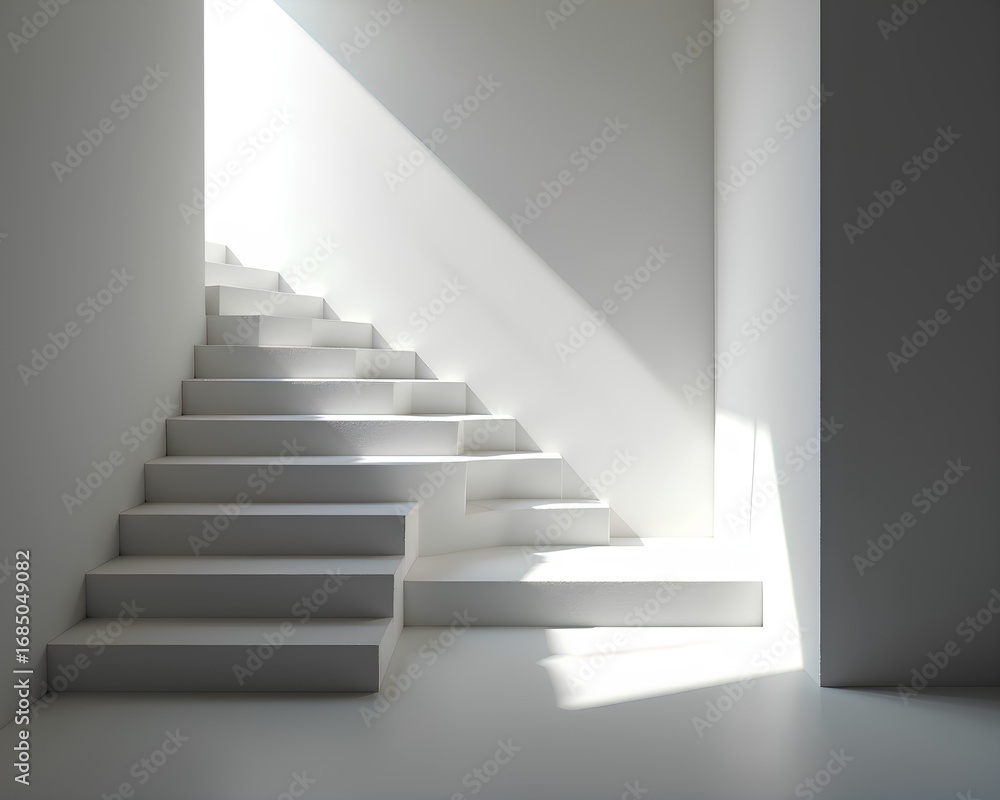 Obraz premium A clean, white, minimalist staircase in an empty room, illuminated by a strong, diagonal light beam. A modern, abstract architectural background.