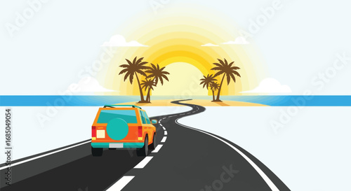 Tropical vacation road trip with palm trees and ocean sunset