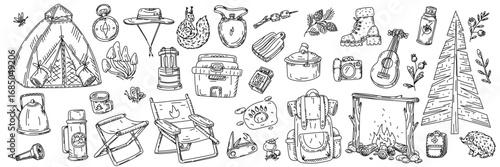 set of items for camping, in doodle. Necessary items for survival in nature. Graphics, engraving, shading. Drawings in black ink, marker. Design of postcards and packaging. Picnics, hikes, camping