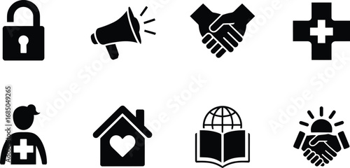 Collection of black and white icons representing security communication partnership health and community