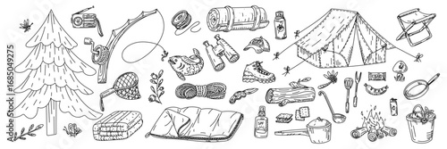 set of items for camping, in the doodle style. Things for outdoor activities. Graphics, engraving, and shading. Black ink drawings, marker. Postcard and packaging design. Picnics, hikes, and camping