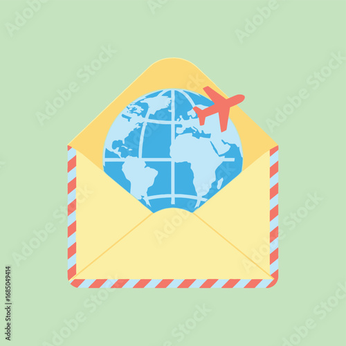 Global journey and adventure concept showing an airplane flying over the world emerging from an airmail envelope