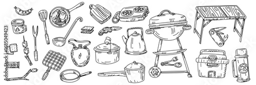 Camping set of items food, cooking, doodle. Grill, refrigerator, pot, knife, table. Graphics, engraving, shading. Black ink drawings, marker. Postcard and packaging design. Picnics, hiking, camping
