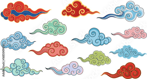 Create a kinds of deferent Chinese cloud set, auspicious clouds vector art with white background.