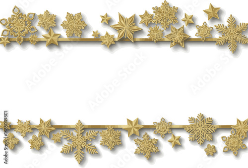 Create a kinds of deferent Christmas border. Gold snowflakes and stars banner vector art with white background..