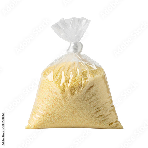 Photo of a clear plastic bag filled with yellow couscous, tied at the top with a twist tie, isolated on a transparent background