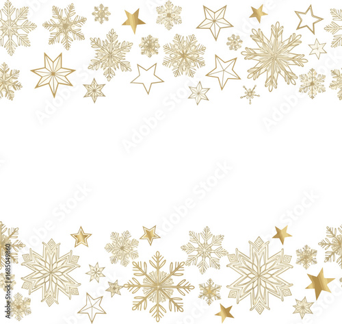 Create a kinds of deferent Christmas border. Gold snowflakes and stars banner vector art with white background.