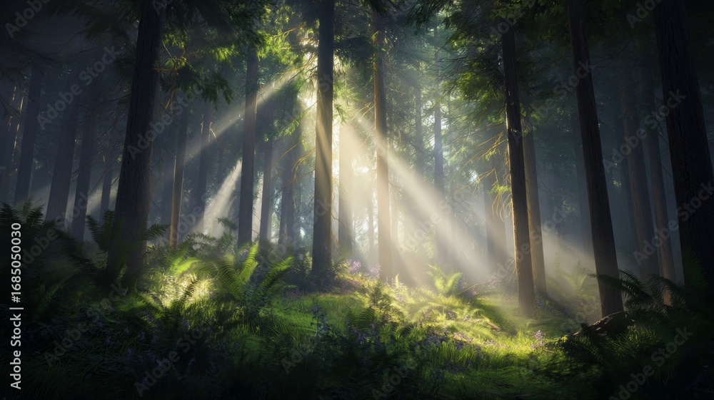 Fototapeta premium Sunlight through dense forest canopy. Neural network AI generated