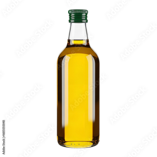 Photo of a clear glass bottle filled with golden olive oil, isolated on a transparent background, perfect for culinary or healthrelated content