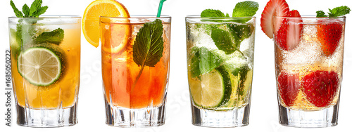 4 glasses of summer drinks, transparent background png 