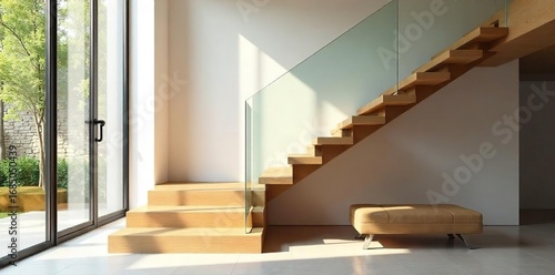 Modern minimalist staircase with glass railings and oak treads, bathed in natural light, creating an airy and elegant interior space , luxury, home decor, dwelling