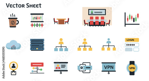 A vector sheet with business and technology related icons