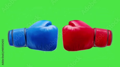 Animated boxing gloves punching together on green screen background for sports fight projects