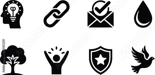 Collection of eight black and white vector icons representing ideas connections confirmation and nature