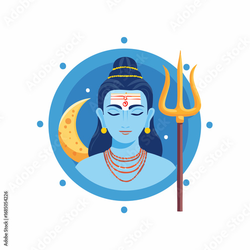A serene flat vector illustration of the Hindu deity Lord Shiva in meditation, depicted with his iconic trident and a crescent moon