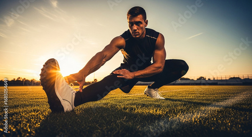Man athlete stretching leg on grass field. Runner preparing for workout or run. Fitness and healthy lifestyle concepts.