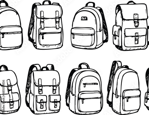 Backpack icon set with varied designs black and white vector illustration school fashion travel gear concept design