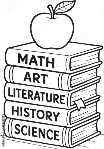 Stack of school subject books with apple black and white vector illustration education learning academic concept design