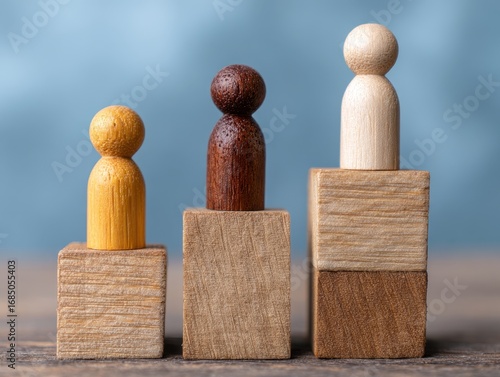 Wallpaper Mural Leadership and Career Growth. Three wooden peg figures stand on wooden blocks of varying heights, symbolizing competition, success, leadership, hierarchy, career growth, and personal achievement Torontodigital.ca