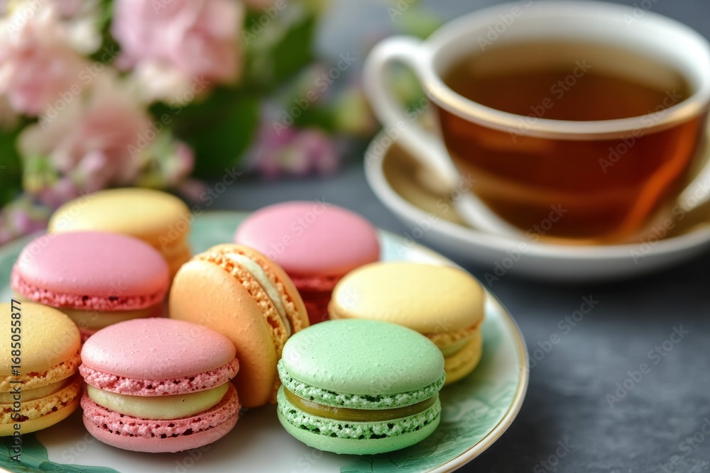 Obraz premium Colorful macarons on plate with tea cup