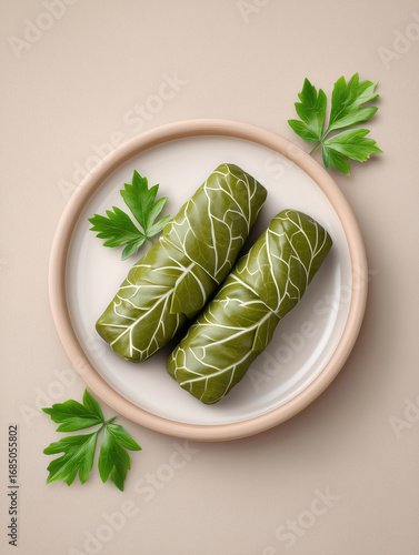 Two green leafy vegetables are on a white plate. The plate is on a table. The vegetables are wrapped in leaves