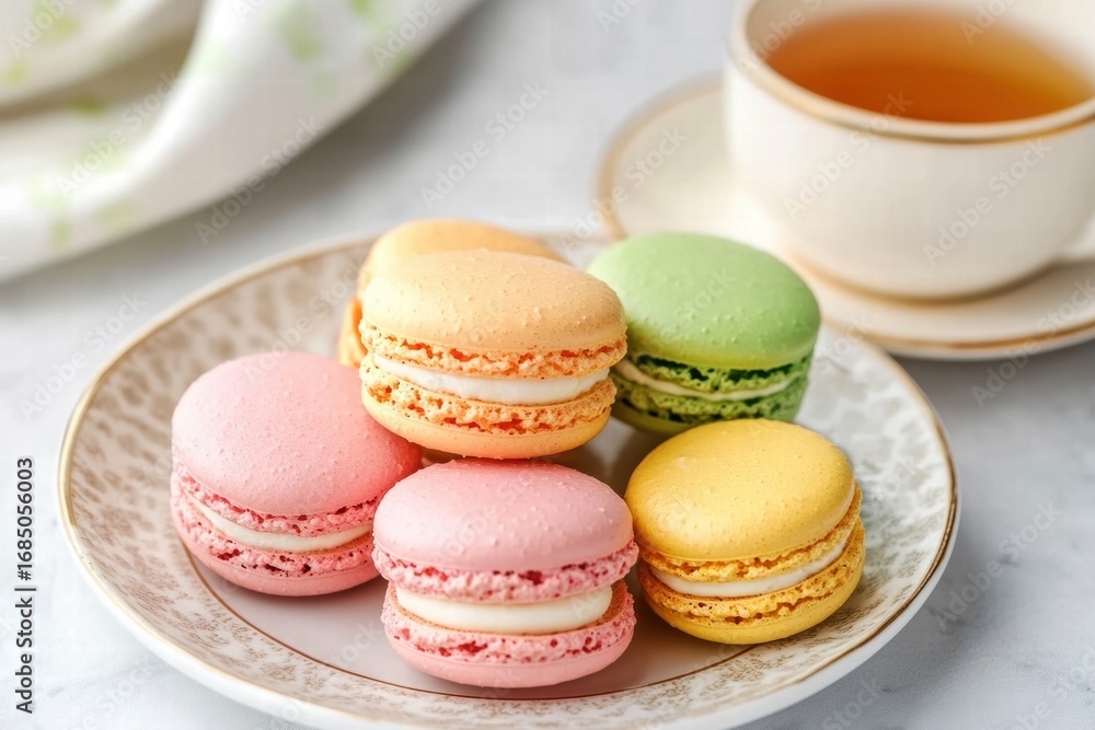 Obraz premium Colorful macarons on white plate with tea
