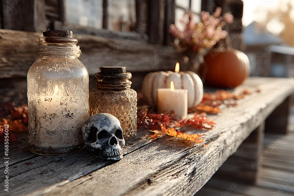 Fototapeta premium Rustic Autumn Halloween Decor with Candles, Skulls, and Pumpkins for Seasonal Atmosphere