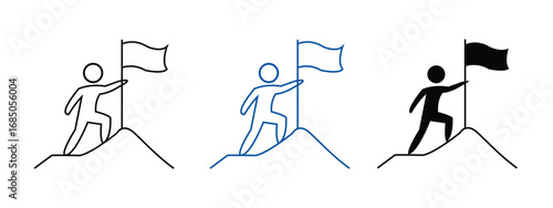 Man flag conquering icon thin set vector. achieving flag symbol. vector illustration.