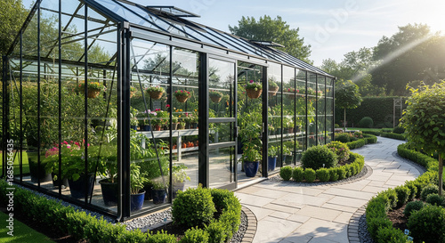 A sleek, modern greenhouse with a black metal frame and glass panels stands elegantly in a beautifully manicured garden. The sun shines brightly on the structure